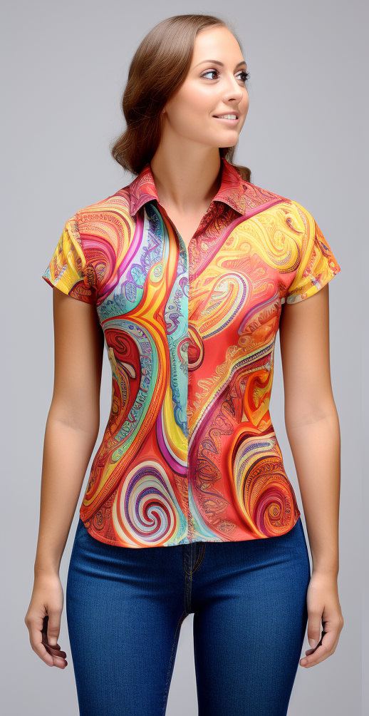 Vibrant Paisley Pattern Women's Short Sleeve Shirt full body front view