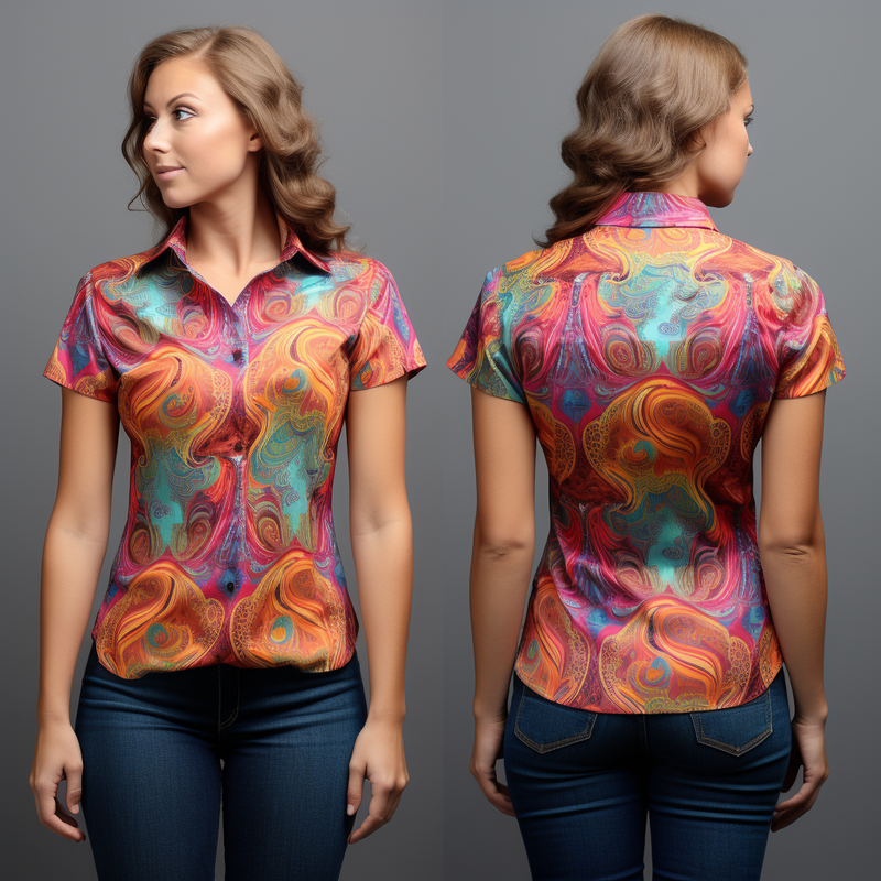 Intricate Paisley Pattern Women's Short Sleeve Boho Shirt full body front and back view
