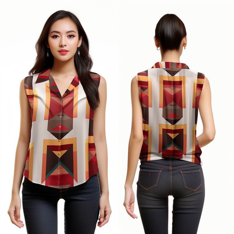 Bolivian Aguayo Pattern Print Women's Sleeveless Shirt full body front and back view