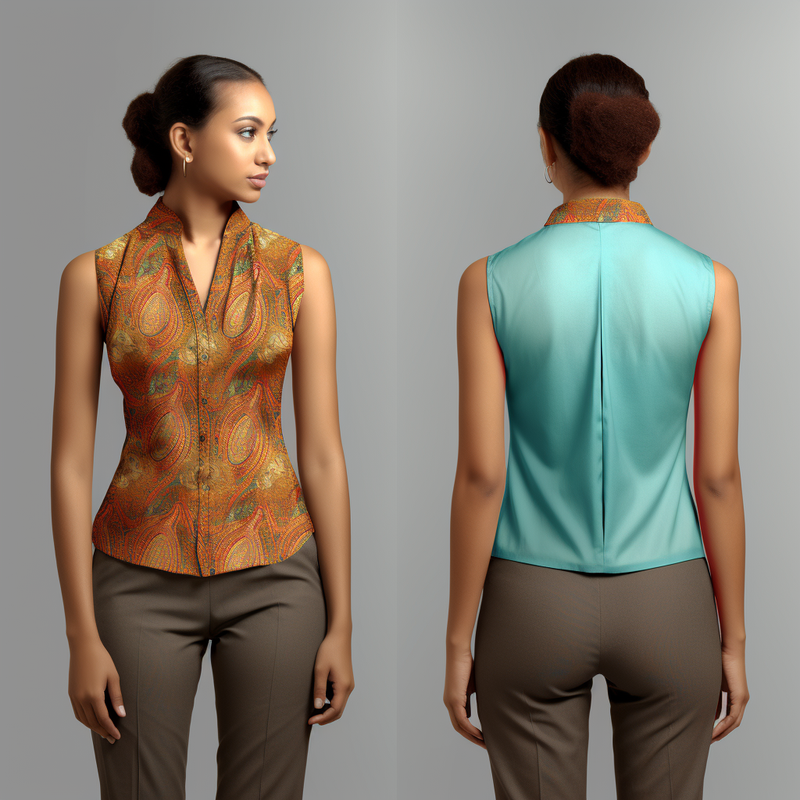 Indian Sari Pattern Print Mandarin Collar Women's V-Neck Sleeveless Shirt full body front and back view