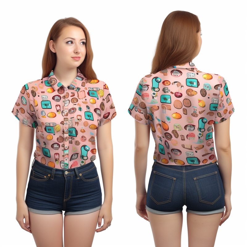 Kawaii Pattern Women's Casual Button Down Short Sleeve Shirt full body front and back view