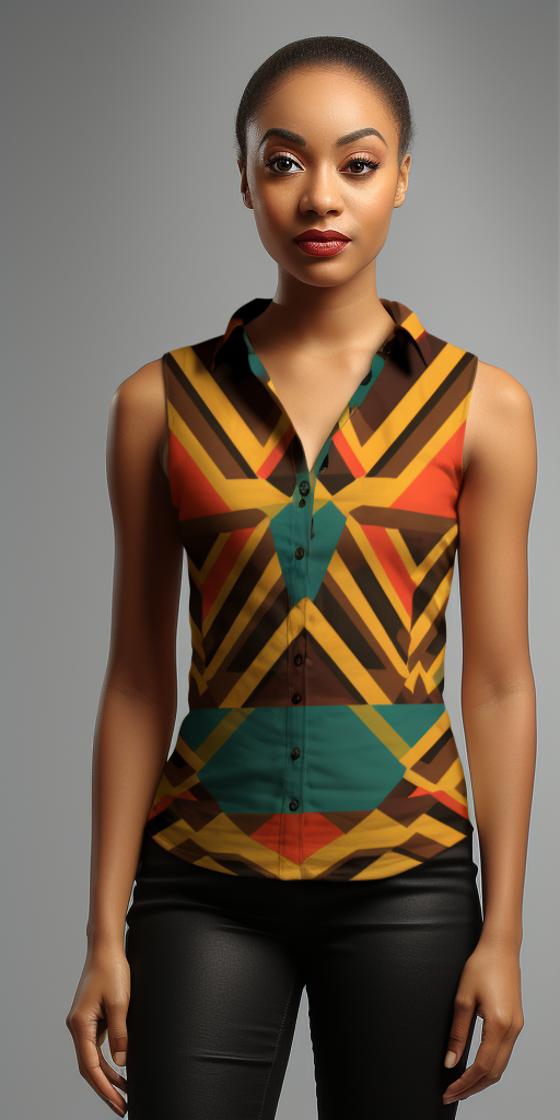 kente geometric pattern womens casual V neck full body front view