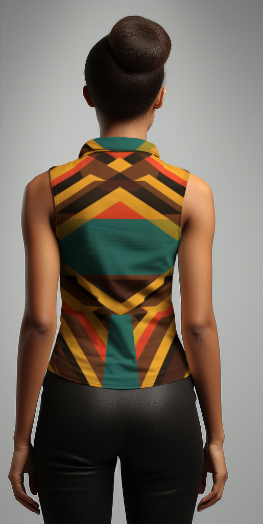 kente geometric pattern womens casual V neck full body back view