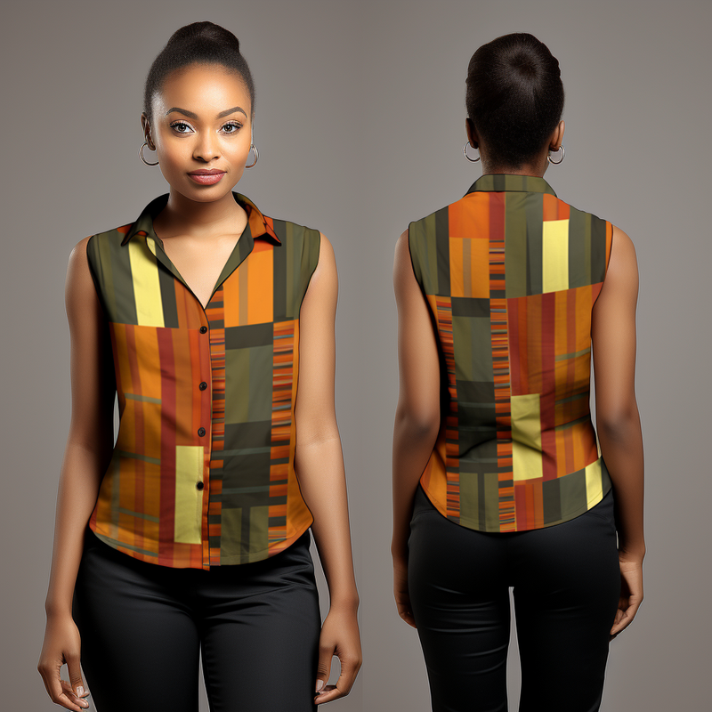 African Kente Pattern Print Lapel Collar Women V Neck Casual Sleeveless Shirt