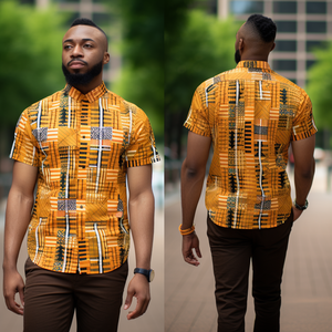 african kente pattern mens mandarin collar short sleeve shirt front and back view