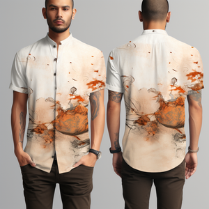 Ukiyo-e Mandarin Collar Modern Pattern Men's Short Sleeve Shirt full body front and back view