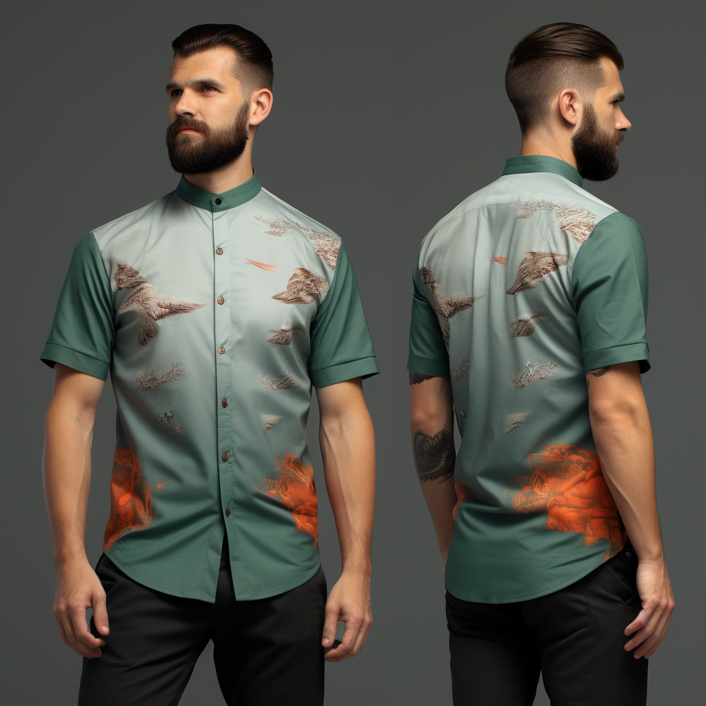 Ukiyo-e Mandarin Collar Modern Pattern Men's Short Sleeve Shirt full body front and back view
