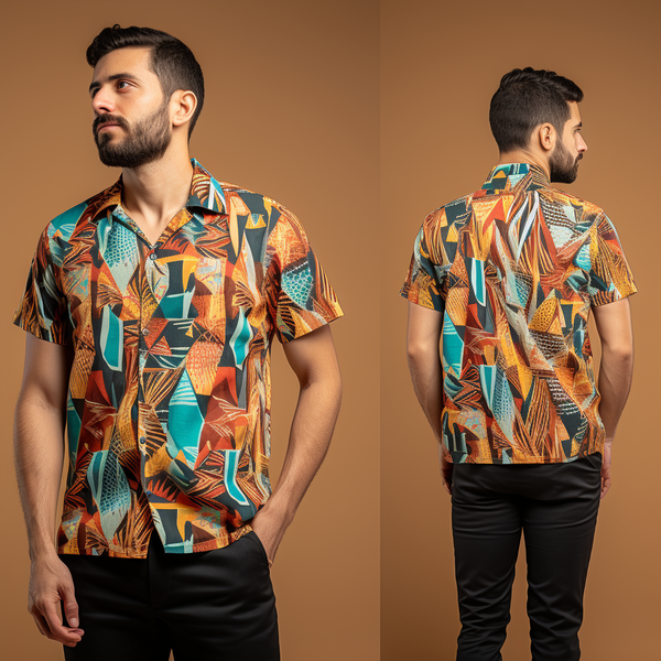 South American Aguayo Pattern Men's Lapel Neck Short Sleeve Shirt full body front and back view