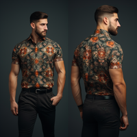 South American Aguayo Pattern Men's Lapel Neck Short Sleeve Shirt full body front and back view