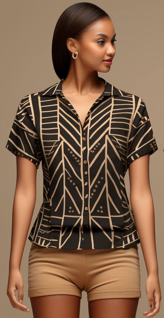 Intricate African Mud Cloth Pattern Boho Style Women's Short Sleeve Shirt full body front view