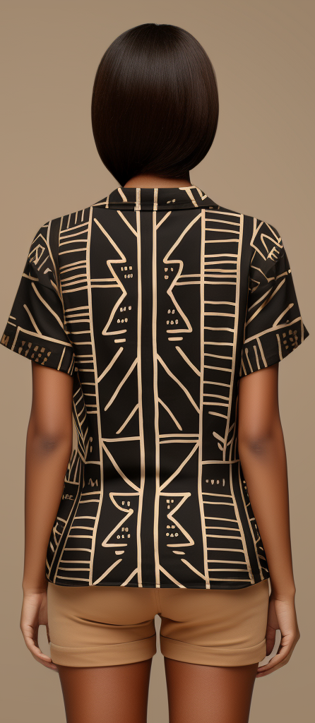 Intricate African Mud Cloth Pattern Boho Style Women's Short Sleeve Shirt full body back view