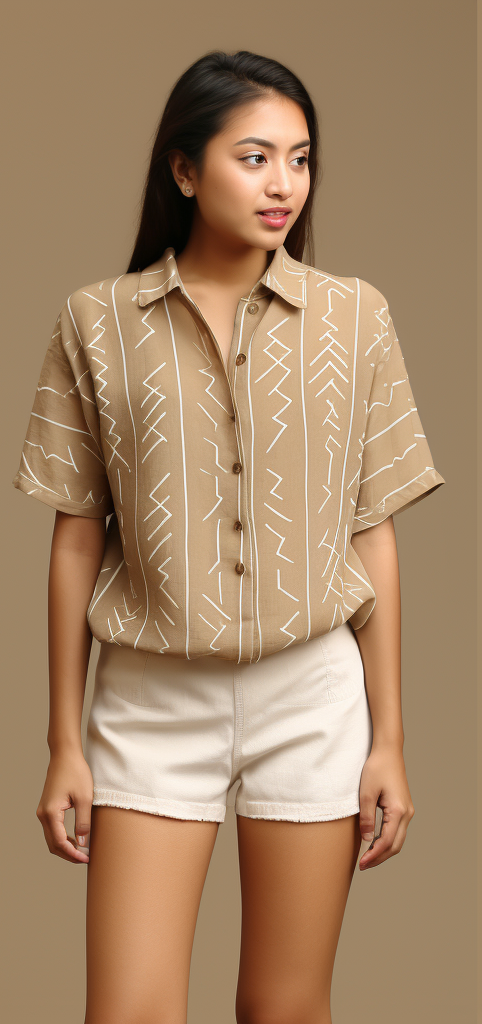 Mud Cloth Pattern Boho Women's Relaxed Fit Short Sleeve Shirt full body front view