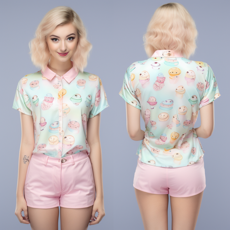 Kawaii Tea Party Pattern Women's Short Sleeve Shirt full body front and back view