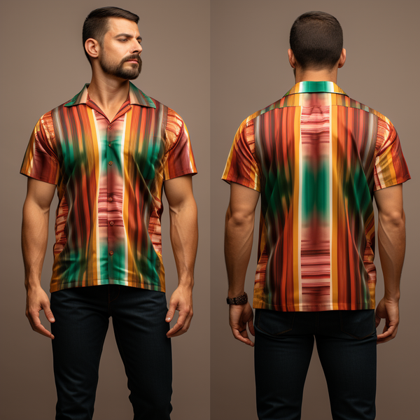 Vibrant Serape Pattern Cuban Collar Men's Retro Short Sleeve Shirt full body front view and back view