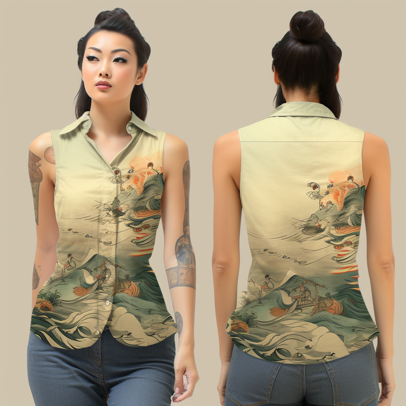 Ukiyo-e Pattern Women's V-Neck Sleeveless Shirt full body front view and back view